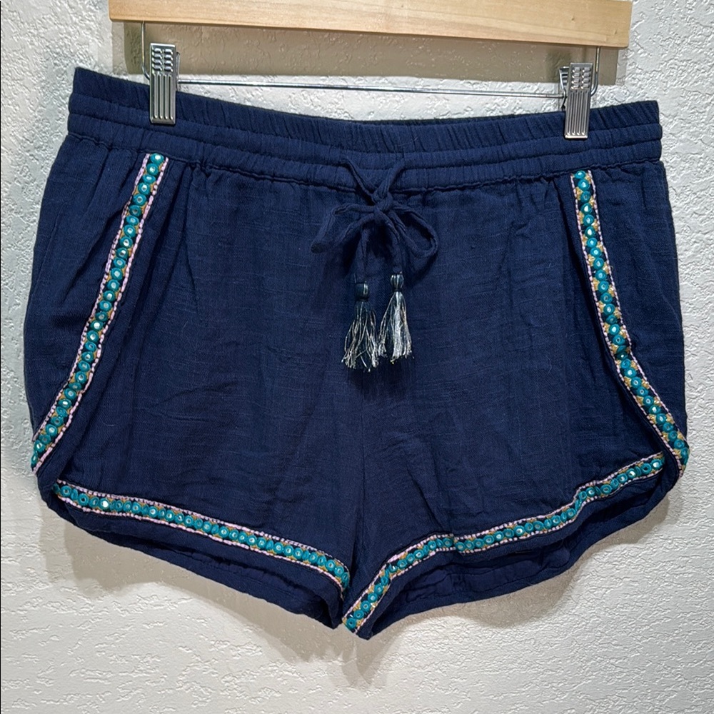 Earthbound Trading Navy XL Blue Embellished Women's Elastic Tie Waist‎ Shorts